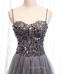 Gray Tulle Sequin Long Evening Prom Dresses, Gray Tulle Evening Dresses with Beading Sequin