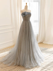 Gray Tulle Sequin Long Evening Prom Dresses, Gray Tulle Long Evening Dresses