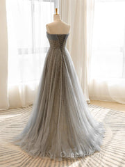 Gray Tulle Sequin Long Evening Prom Dresses, Gray Tulle Long Evening Dresses