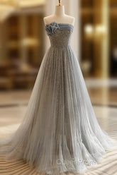 Gray Tulle Sequin Long Evening Prom Dresses, Gray Tulle Long Evening Dresses