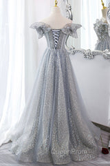 Gray Tulle Sequins Long A-Line Evening Prom Dresses, Off the Shoulder Graduation Dresses