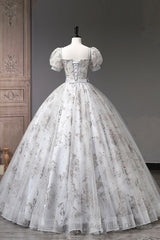 Gray Tulle Sequins Long Prom Dress, A-Line Evening Party Dress