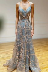 Gray Tulle Sequins Long Evening Prom Dresses, A-Line Spaghetti Straps Evening Dresses