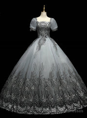 Gray Tulle Sequins Short Sleeve Quinceanera Dress