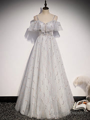 Gray Tulle Sequins Straps Beading Prom Dress