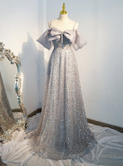 Gray Tulle Sequins Straps Bow Prom Dress