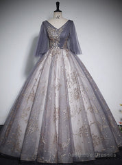 Gray Tulle Sequins V-neck Quinceanera Dress