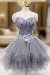 Gray Tulle Short Evening Prom Dresses with Feather, Chic A-Line Strapless Party Dresses