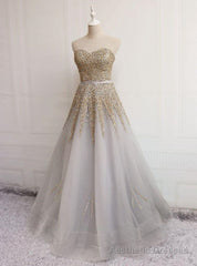 Gray Tulle Strapless Beading Sequins Prom Dress