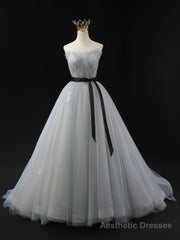 Gray Tulle Strapless Lace Pleats Prom Dress