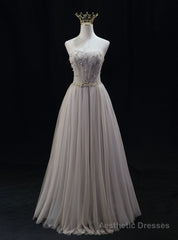 Gray Tulle Sweetheart Beading Prom Dress