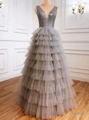 Gray Tulle V-neck Sequins Tiers Prom Dress
