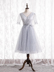 Gray Tulle V-neck Short Sleeve Prom Dress