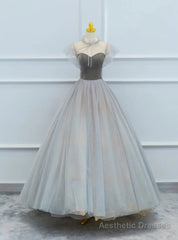 Gray Tulle Velvet Beading Prom Dress