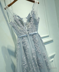 Gray V Neck Lace Tulle Long Prom Dress, Lace Evening Dress