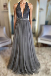 Gray v neck tulle beads long Evening Prom Dresses, gray tulle formal Dresses