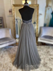 Gray v neck tulle beads long Evening Prom Dresses, gray tulle formal Dresses