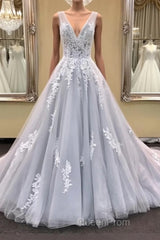 Gray v neck tulle lace applique long Evening Prom Dresses, gray evening Dresses