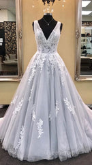 Gray v neck tulle lace applique long Evening Prom Dresses, gray evening Dresses