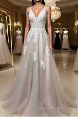 Gray v neck tulle lace long Evening Prom Dresses, gray tulle evening Dresses