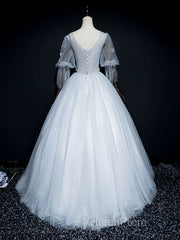 Gray v neck tulle lace long Evening Prom Dresses, gray tulle lace evening Dresses