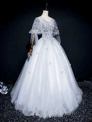 Gray v neck tulle lace long Evening Prom Dresses, gray tulle lace evening Dresses