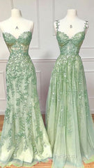 Green A Line Applique Mermaid Lace Long Evening Prom Dresses