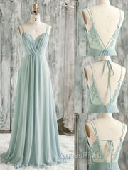 Green A line Chiffon Lace Long Evening Prom Dresses, Lace Bridesmaid Dresses