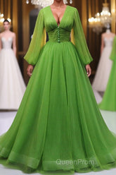 Green A Line Long Evening Prom Dresses, V Neck Green Tulle Long Formal Evening Dresses