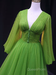 Green A Line Long Evening Prom Dresses, V Neck Green Tulle Long Formal Evening Dresses