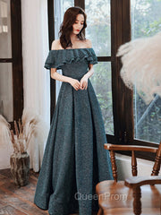 Green A Line Off Shoulder Long Evening Prom Dresses, Green Bridesmaid Dresses