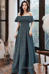 Green A Line Off Shoulder Long Evening Prom Dresses, Green Bridesmaid Dresses