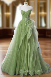 Green A-Line Long Evening Prom Dresses, Green Lace Long Evening Dresses