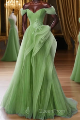Green A-Line Off Shoulder Long Evening Prom Dresses Lace Long Evening Dresses
