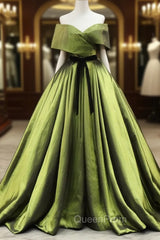 Green A line Satin Long Evening Prom Dresses, Green Satin Evening Dresses