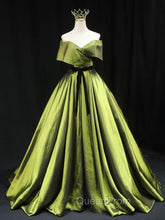 Green A line Satin Long Evening Prom Dresses, Green Satin Evening Dresses