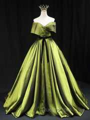 Green A line Satin Long Evening Prom Dresses, Green Satin Evening Dresses