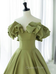 Green A-Line Satin Long Evening Prom Dresses, Green Evening Dresses