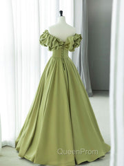 Green A-Line Satin Long Evening Prom Dresses, Green Evening Dresses