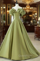 Green A-Line Satin Long Evening Prom Dresses, Green Evening Dresses
