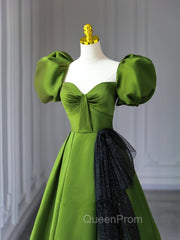 Green A-Line Satin Sweetheart Short Sleeves Party Dresses, Green Long Evening Prom Dresses