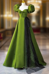 Green A-Line Satin Sweetheart Short Sleeves Party Dresses, Green Long Evening Prom Dresses