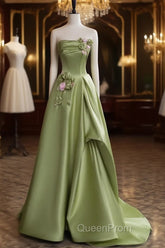 Green A-line Satin with Flowers Long Evening Dresses, Green Satin Evening Prom Dresses