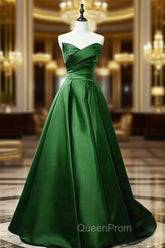 Green A-line Simple Satin Long Party Dresses, Green Satin Evening Prom Dresses