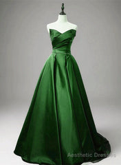 Green A-line Simple Satin Long Party Dress, Green Satin Prom Dress