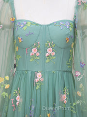 Green A-Line Sweetheart Green Tulle Lace Long Evening Prom Dresses, Green Formal Dresses