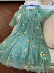 Green A-Line Sweetheart Green Tulle Lace Long Evening Prom Dresses, Green Formal Dresses