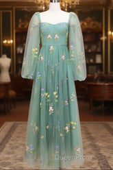 Green A-Line Sweetheart Green Tulle Lace Long Evening Prom Dresses, Green Formal Dresses