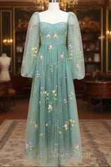 Green A-Line Sweetheart Green Tulle Lace Long Evening Prom Dresses, Green Formal Dresses