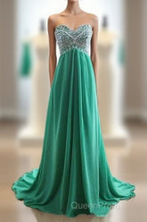 Green A-Line Sweetheart Neck Chiffon Long Evening Prom Dresses, Evening Dresses